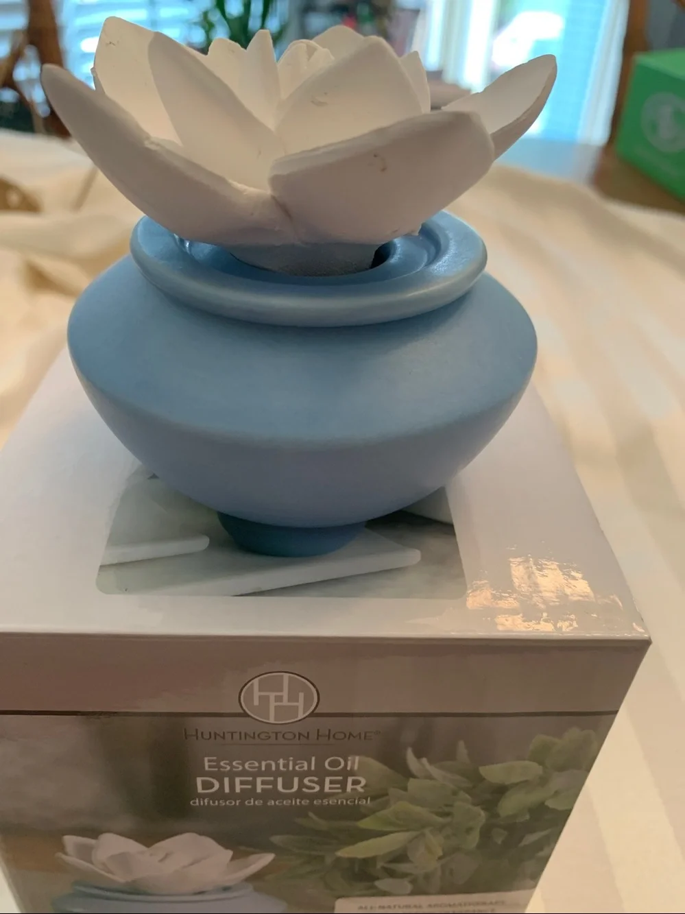 Huntington Home Blue Ceramic  Home Lotus Diffuser with White Flower Top